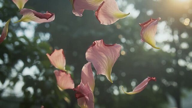 Close-up of pink calla lily flowers falling against a blurred green background with natural sunlight