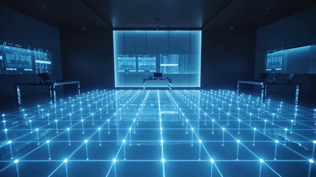 A futuristic room with a grid of blue lights on the floor and walls, conveying a technological and innovative mood.