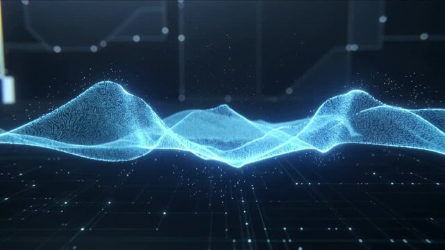 Glowing blue wave pattern on a dark background with circuit board elements