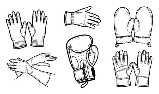 Diverse collection of handwear including utility gloves, boxing gear, and winter mittens