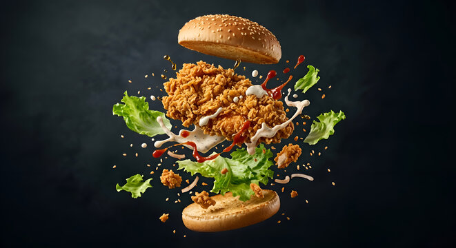 Exploded View of Crispy Spicy Chicken Burger with Flying Ingredients and Sauce Splashes on Dark Background