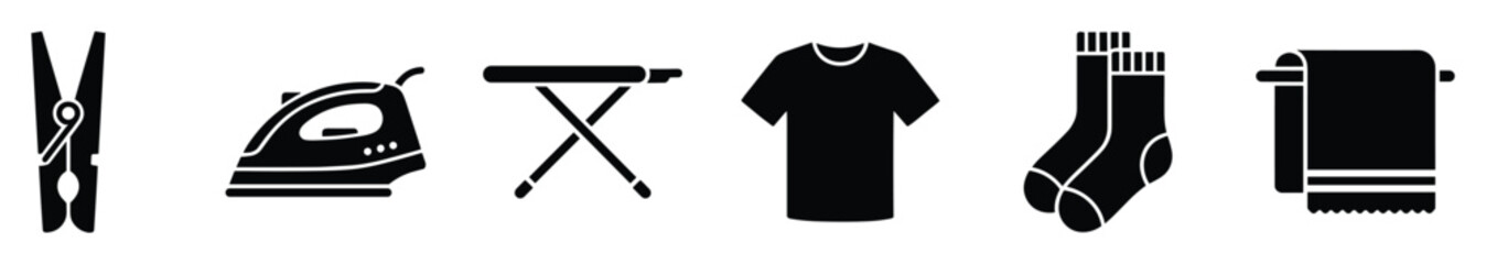 Naklejka premium Laundry and clothing care essential black silhouette icons for graphic design use