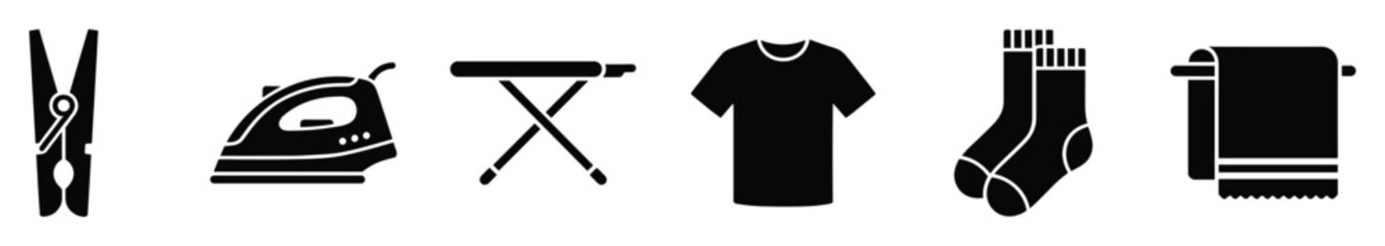 Laundry and clothing care essential black silhouette icons for graphic design use
