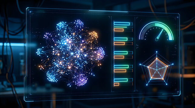 Abstract data network visualization showing statistical performance metrics