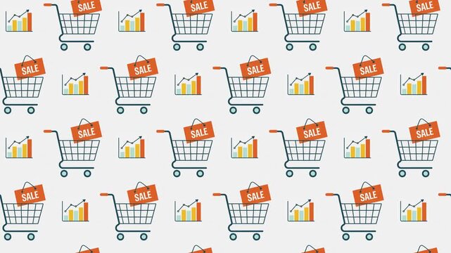 Growth Bar Chart and Shopping Cart Seamless Pattern Background, retail analytics and sales increase concept.