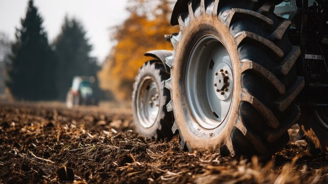Close-up of Tractor Tires on Farm Field During Autumn Season with Blurred Background of Agricultural Equipment