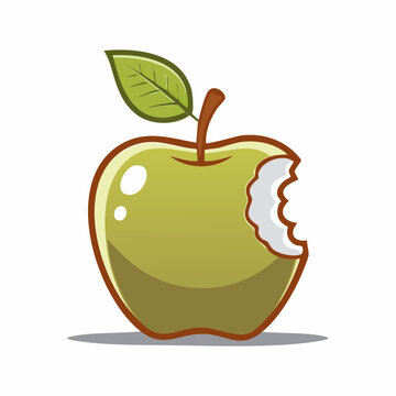 Bitten Green Apple with Leaf