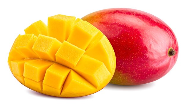Fresh ripe mango with one cut open displaying juicy pulp isolated on white