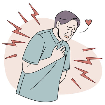 cartoon man experiencing heart attack or chest pain holding his chest