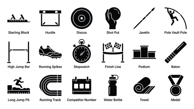Collection of track and field athletics equipment and sports items for competition graphic assets