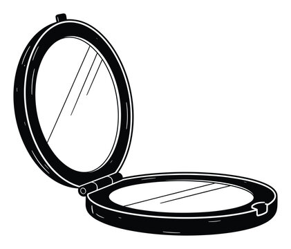 Stylized open compact mirror with reflective surfaces for cosmetic packaging, tutorials, beauty blogs