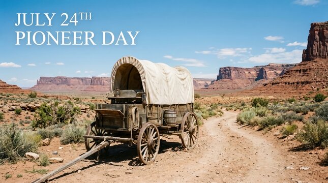 Conestoga wagon on desert road with rocky landscape
