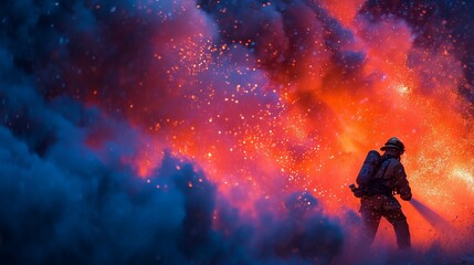 Naklejka premium firefighter spraying water on wildfire flames,generative ai illustration