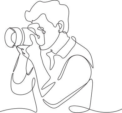 Photographer with professional camera one line art vector illustration
