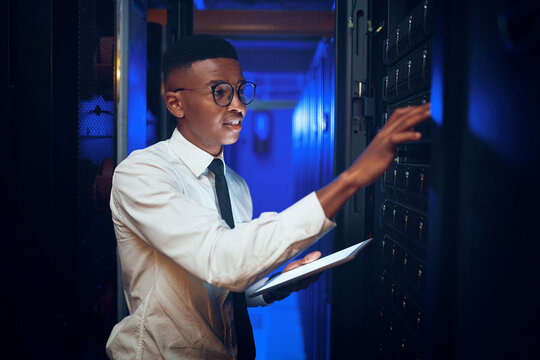 Inspection, programmer and black man in server room, tablet for software upgrade and cyber security. Person, programming and employee in workplace, firewall update or tech for online protection