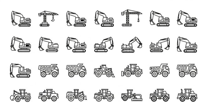 Collection of Hand Drawn Construction Vehicle Icons.