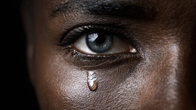 Emotional close-up portrait of a person with a tear, showcasing profound feelings and deep expressions in dramatic lighting