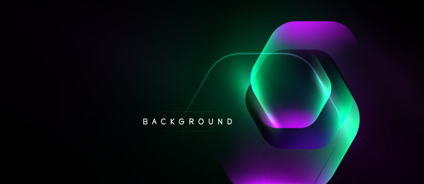 Dark background features vibrant overlapping hexagons. Gradient colors shift from green to purple, creating dynamic visual effect. Modern design.