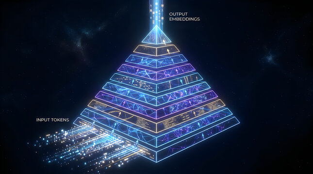 Artificial intelligence pyramid showing input tokens and output embeddings flow
