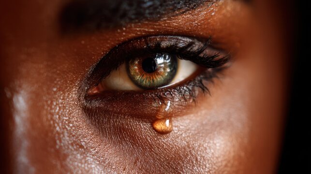 Close-Up of Brown Eye with Tear Drop Reflecting Emotions and Vulnerability in Intimate Portrait Photography