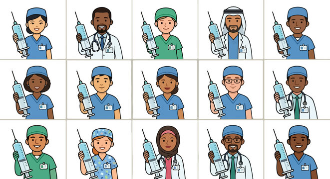 Diverse medical staff avatars holding syringes, set of 15 healthcare professional icons, multicultural doctors and nurses with vaccine needles