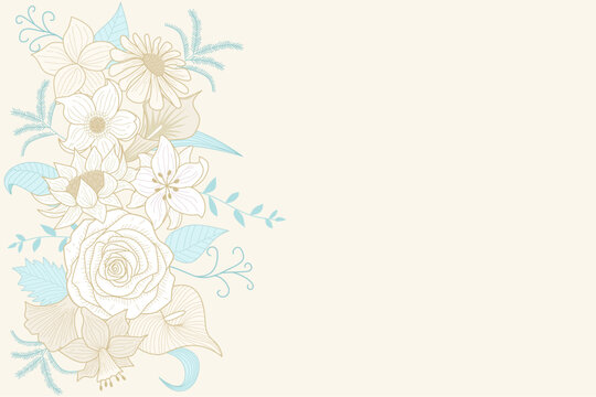 Minimalist soft floral background with hand drawn line art flowers for message card and aesthetic website header