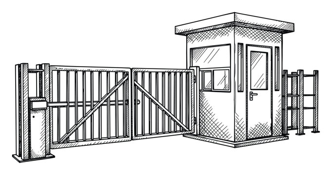 Sketch of security gate and guard booth for facility access control and entry point operations.
