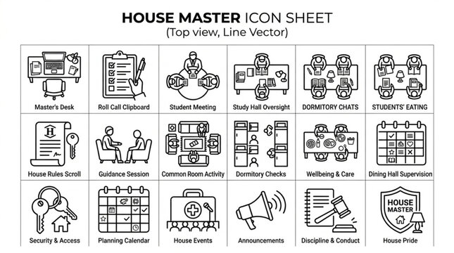 House Master Icon Sheet Top View Line Art Collection.