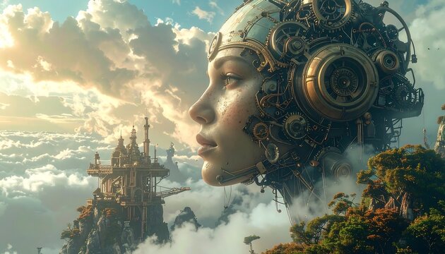 Fantasy artwork a womans profile surrounded by clouds and steampunk elements