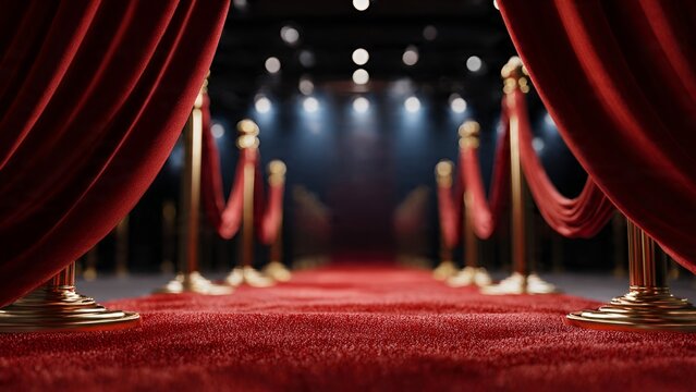 A plush red carpet pathway lined with stanchions and draped velvet curtains, inviting entrance to