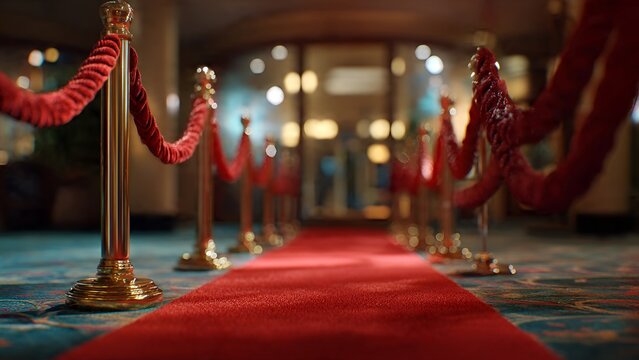 A plush red carpet stretches into a softly blurred background with golden stanchions and velvet