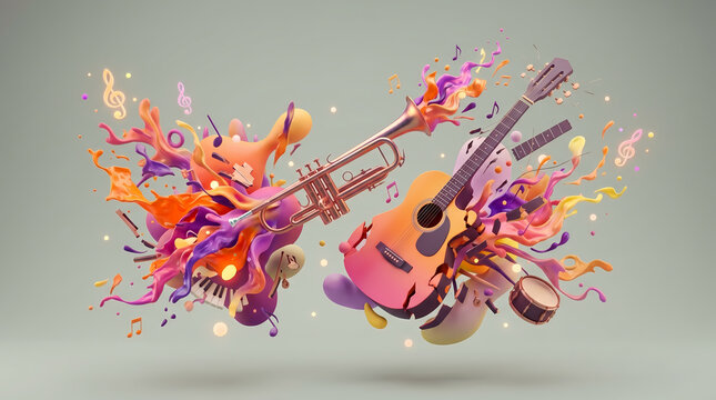 Abstract colorful 3D splash explosion of musical instruments