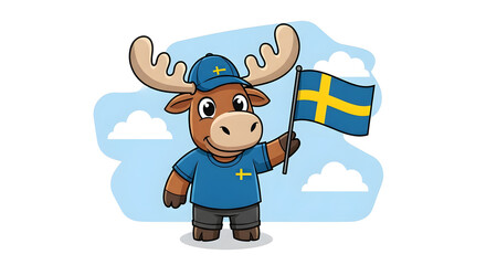 Naklejka premium On Sweden's National Day, an adorable moose, known as Sweden's national animal, playfully hugs the Swedish flag with soft shading on a sunny day.