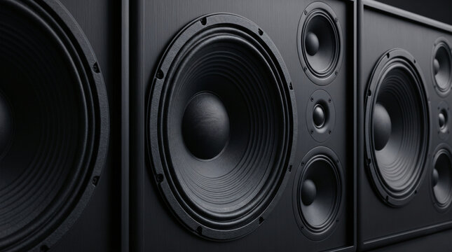 Close up of modern black audio speakers and subwoofers