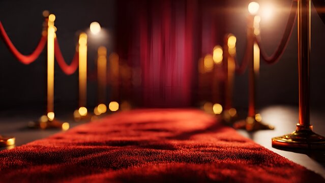 A dramatic, low-angle view of a plush red carpet leading to elegant gold stanchions and deep red