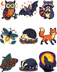 Fototapeta premium Cute Woodland Animal Vector Collection Featuring Owl Bat Raccoon Hedgehog Fox Bear and Moth Characters in Autumn Night Style