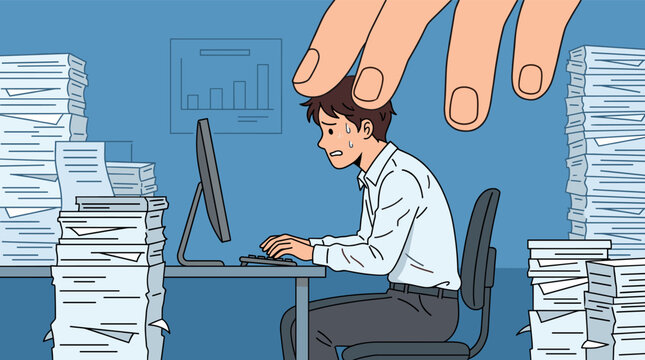 An overwhelmed office employee sits sweating at his desk as a giant hand presses down while endless stacks of paperwork surround him
stress