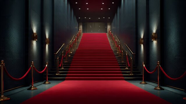 A grand red carpet and golden stanchions lead guests up a wide staircase within a dimly lit,