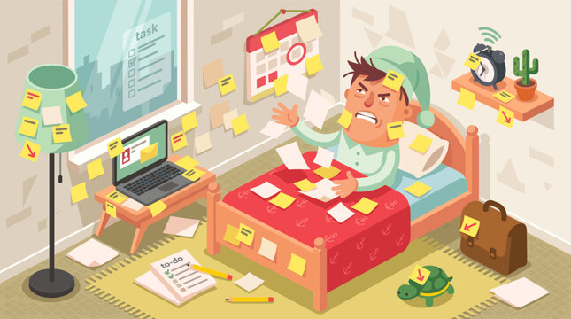 A frustrated man wakes up in bed completely buried under sticky notes, scattered papers, and endless to-do lists demanding his immediate attention
procrastination