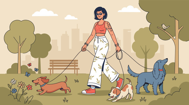 A stylish tattooed young woman confidently walks three happy energetic dogs through a peaceful blooming green city park on a sunny afternoon
dog
