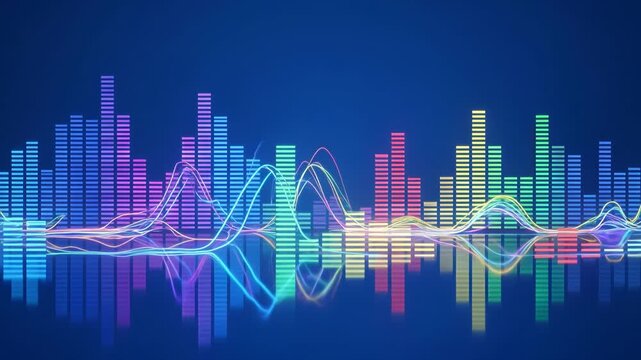 Neon audio spectrum visualizer pulsing, vibrant colors on clean blue background, dynamic sound waves, rhythmic motion, glowing lines, 4K video