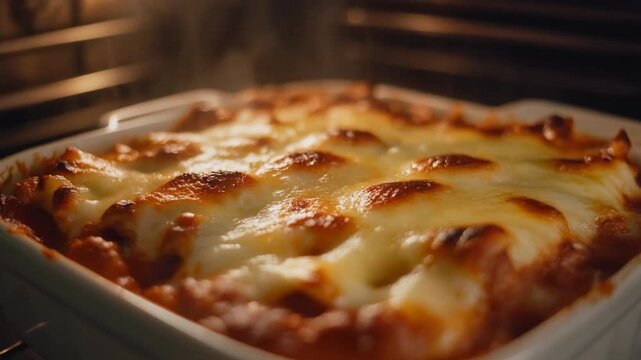 Lasagna Baking in Oven Freshly Made Italian Cuisine Delicious Meal Preparation for Family Dinner Party