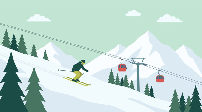 A skilled skier in a green jacket races boldly down a steep snowy mountain slope as red gondola cable cars glide overhead through crisp winter air
skiing