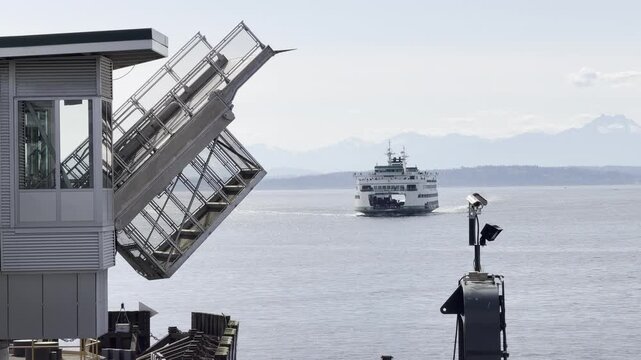 Wenatchee Ferry Boat Approaching Coleman Dock with Olympic Mountains