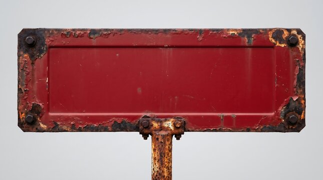 Worn rectangular red metal sign with heavy rust and peeling paint mounted on a corroded industrial post isolated on white