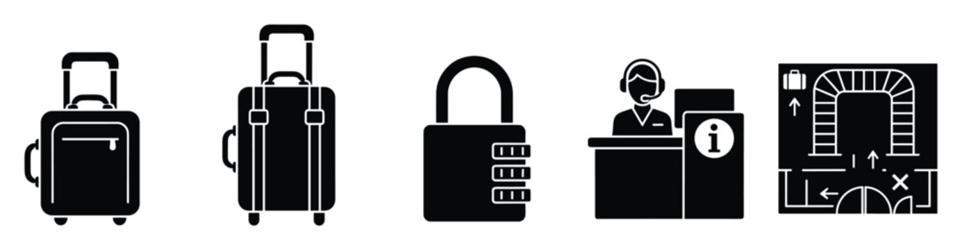 Travel icons set including luggage, security lock, information desk, and airport map for various applications