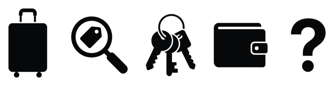 Black luggage, search tag, keys, wallet, and question mark icons useful for travel, retail, or inquiry services
