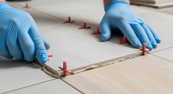 Professional tiler installing ceramic floor tiles using red spacers