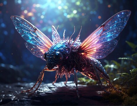 Fantasy insect with glowing wings and intricate details in a mystical scene