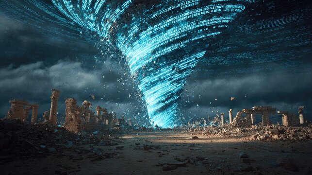 Digital vortex over ruined city